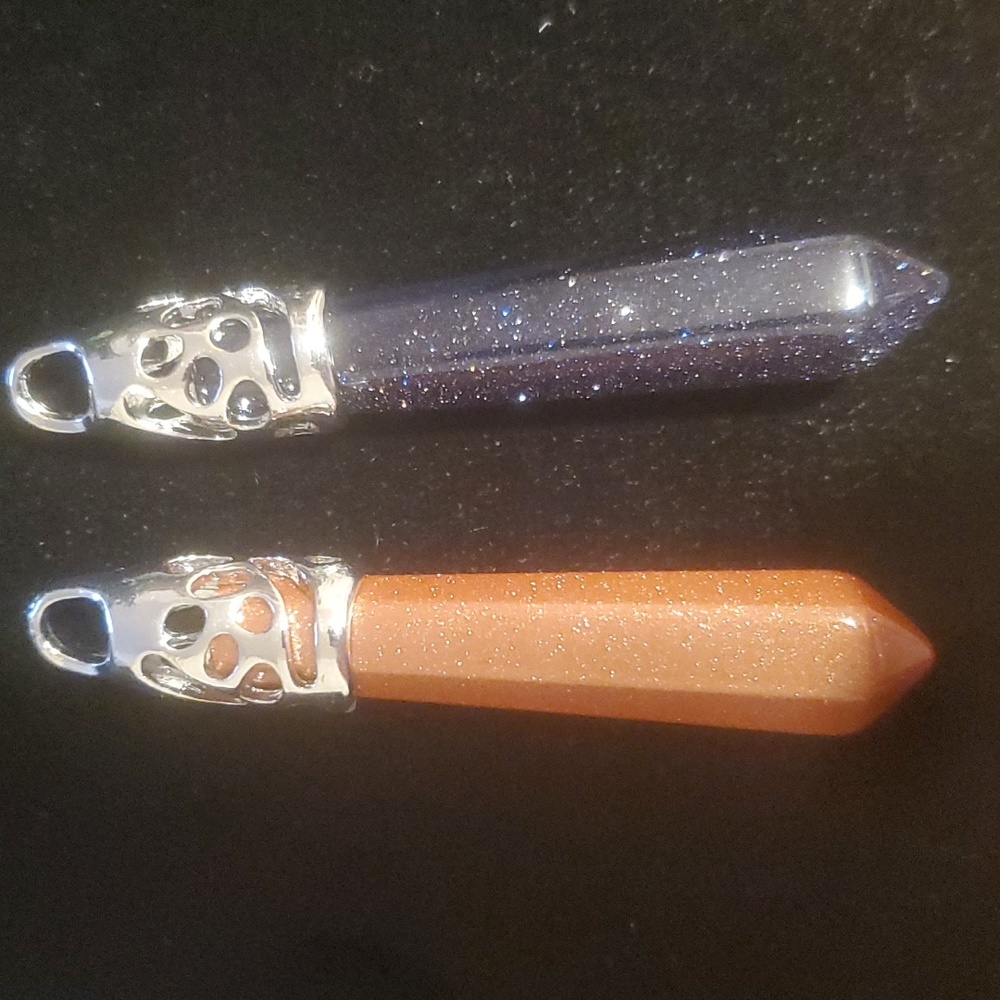 New 2pc Blue and Gold Sunstone Sandstone Long Point Pendants.
